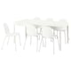 White EKEDALEN extendable dining set. Four chairs, one extendable table with leaf, all in white, modern minimalistic design.