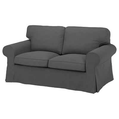 EKTORP grey 2-seat sofa, rounded arms, thick cushions, fabric cover.