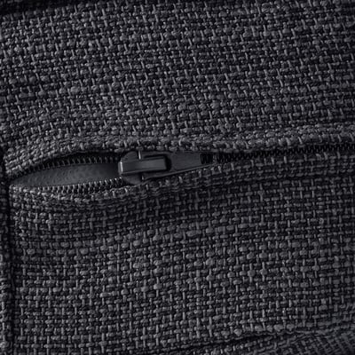 Close-up of durable, textured fabric with smooth zip, showing quality stitching and detail.