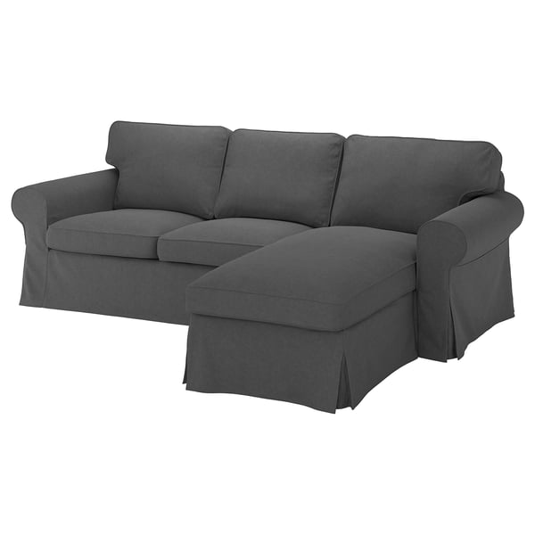 Dark grey EKTORP sectional sofa with rolled arms and plush cushions, modern yet classic design.