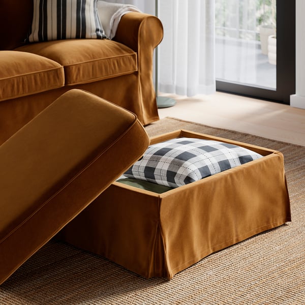 EKTORP Footstool with storage, Alhamn dark yellow-brown