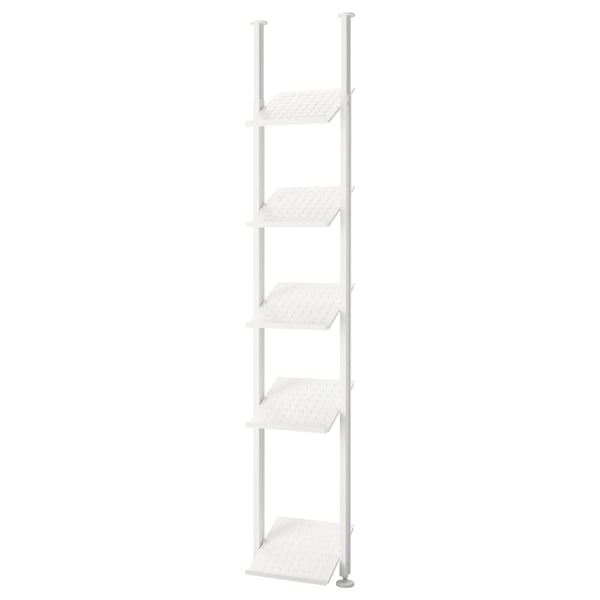 A white ELVARLI adjustable shelving system with five shelves. It has a sleek, modern design, perfect for various storage needs.