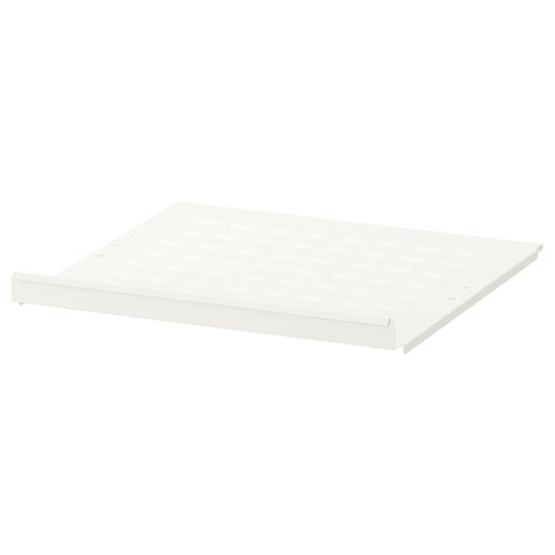 A white ELVARLI shelf. Its rectangular with smooth edges, made of epoxy-coated steel. Simple, clean, and functional.