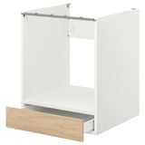 A white kitchen cabinet with an oak drawer for a built-in oven, featuring a modern design with a sturdy and clean look.