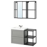 Modern grey bathroom vanity with white sink, mirror, and open shelves. Industrial design with metal and wood elements.