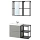 Option: Modern grey bathroom vanity with white sink, mirror, and open shelves. Industrial design with metal and wood elements.