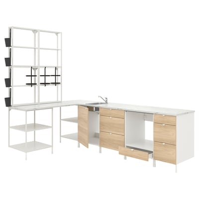 Modern kitchen setup: ENHET. White and light wood. Open shelves, counter with sink, drawers.