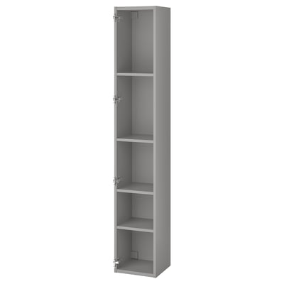 A gray ENHET tall storage cabinet. Its slim, rectangular, with four open shelves, ideal for small spaces.