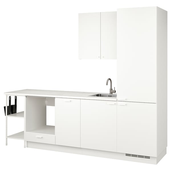 Modern white kitchen set: ENHET. Cabinets, sink, and countertop. Sleek, minimalist design with clean lines.