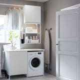 Compact, white laundry setup. Washing machine, sink, shelves, and drying rack. Modern, minimalist design. Perfect for small spaces.