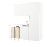 Modern white laundry unit with sink and storage. Perfect for washing and folding clothes.