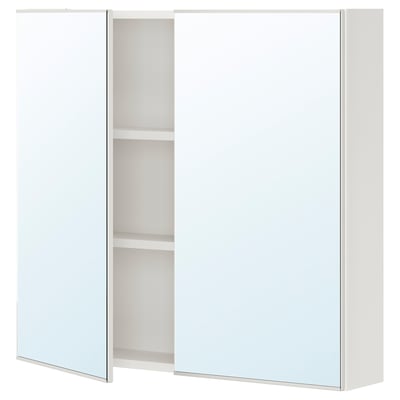 A white ENHET mirror cabinet with two doors and internal shelves, designed for bathrooms.