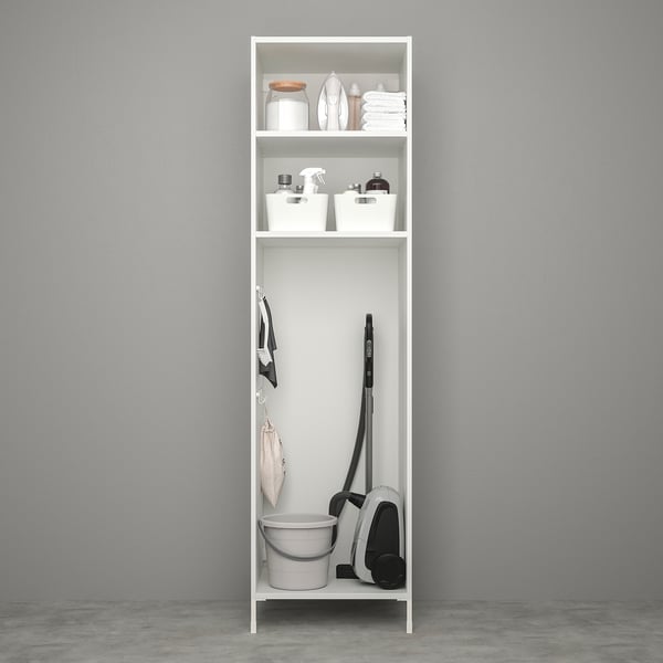 White ENHET storage cabinet with 2 shelves, hooks, and cleaning supplies.