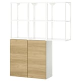 ENHET storage: light wood, white metal, mix shelves & closed doors.