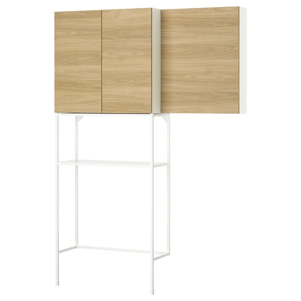 ENHET storage combo: two wooden cabinets, white metal stand, light wood finish.