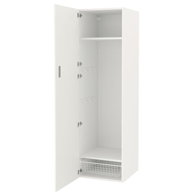 White ENHET cabinet two shelves, hooks, and a wire basket for storage, designed with particleboard and plastic elements for durability.