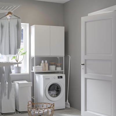 ENHET wall unit for laundry, open & cabinet storage.