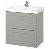 Modern light gray bathroom vanity, wall-mounted, two drawers, white ceramic sink, chrome tap.