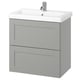 Option: Modern light gray bathroom vanity, wall-mounted, two drawers, white ceramic sink, chrome tap.
