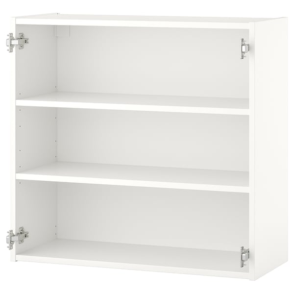 White ENHET wall cabinet with two shelves, fiberboard & particleboard, rectangular design, metal hinges.