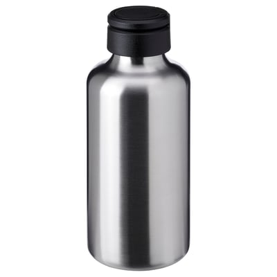 Silver stainless steel water bottle with black lid and handle, sleek and durable design.