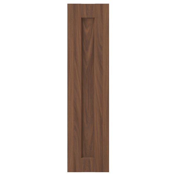Depicts a brown walnut ENKÖPING cabinet door with a vertical recessed pull handle. Its rectangular, framed, and a subtle wood grain pattern.