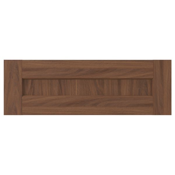 Brown wooden drawer unit with two sections. Simple, classic design. Durable wood grain texture.