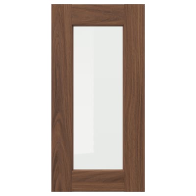 The ENKÖPING brown walnut framed glass cabinet door. It a classic, inviting design with a durable wood-like finish and a clear glass center.