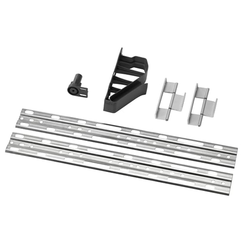 ERSÄTTARE, various hardware parts: black plastic, silver metal, rectangular shapes, assorted fasteners.