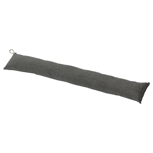 Long dark grey rectangular pillow with loop, textured fabric.