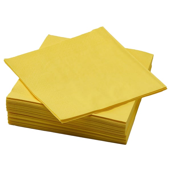 Stacked yellow paper napkins, brightly colored, rectangular, plain design.