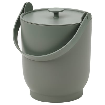 Green recycled plastic kitchen bin with handle and lid. Round bowl shape, flat top.