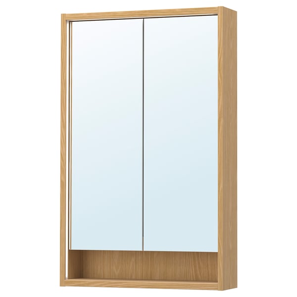 FAXÄLVEN wooden mirror cabinet with built-in lighting, wall-mounted, safety-backed mirror, with shelf.