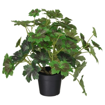 Black potted artificial plant with green leaves. Realistic design, made from recycled plastic.