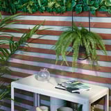 Small outdoor table holds plants, books, and vase. Hanging fern above, wooden wall behind.
