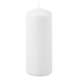 Single white cylindrical candle, smooth surface, stands upright, made from plant-based wax and cotton wick, emits soft light.