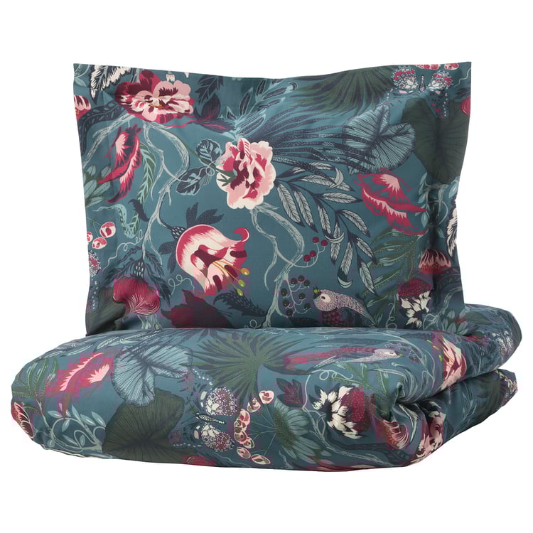 FILODENDRON Duvet cover and pillowcase, dark blue/floral patterned