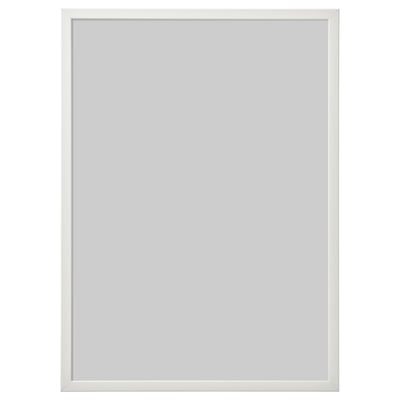FISKBO white picture frame with soft lines, ideal for kids rooms, plastic front for safety, versatile hanging options.