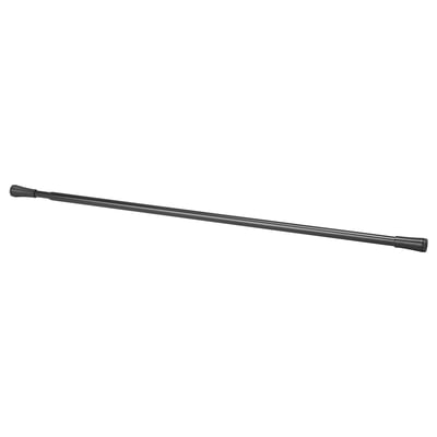 Black, extendable curtain rod with spring mechanism, no drilling installation, rubber caps for scratch-free hold.