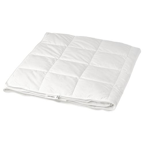 A white FJÄLLBRÄCKA duvet. It’s rectangular, padded with recycled down and feathers, and a box-stitch pattern.
