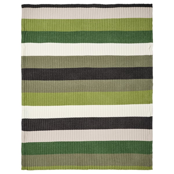 FJÄLLTRIFT throw, green-gray stripes, soft recycled polyester, rectangular.