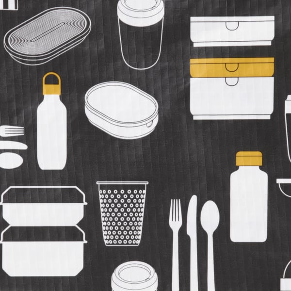 A collection of various lunch items, showcasing quality containers, utensils, and bottles, displayed neatly on a textured black surface.