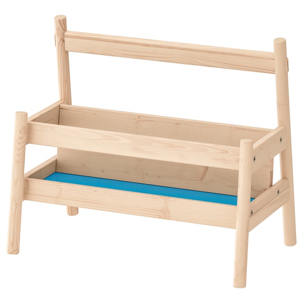 FLISAT natural wood book display stand, blue bottom, simple design.