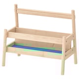 FLISAT natural wood book display stand, blue bottom, simple design.