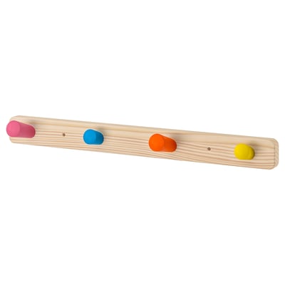 FLISAT: wooden coat rack with pink, blue, orange, yellow cone-shaped knobs. Bright colors and solid wood construction.