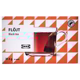 Box of FLÖJT black tea by ikea, showing a teacup with 25 tea bags, weighs 37. 5g.