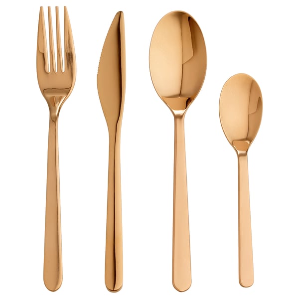 Gold-colored cutlery set: fork, knife, large spoon, small spoon; sleek, modern design.