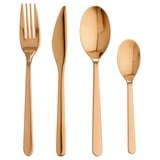 Gold-colored cutlery set: fork, knife, large spoon, small spoon; sleek, modern design.