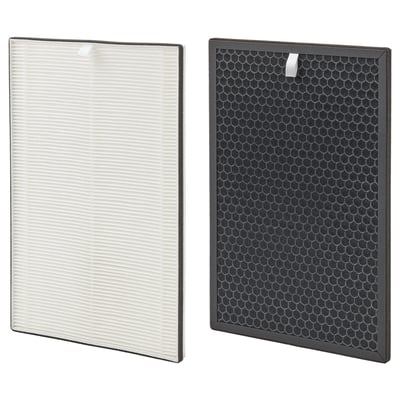 Two air purifier filters shown, one white, one black, rectangular, framed, textured surfaces for particle and gas removal.