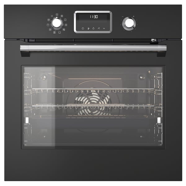 Black built-in oven with digital display and glass door. Telescopic rails and metal racks inside.
